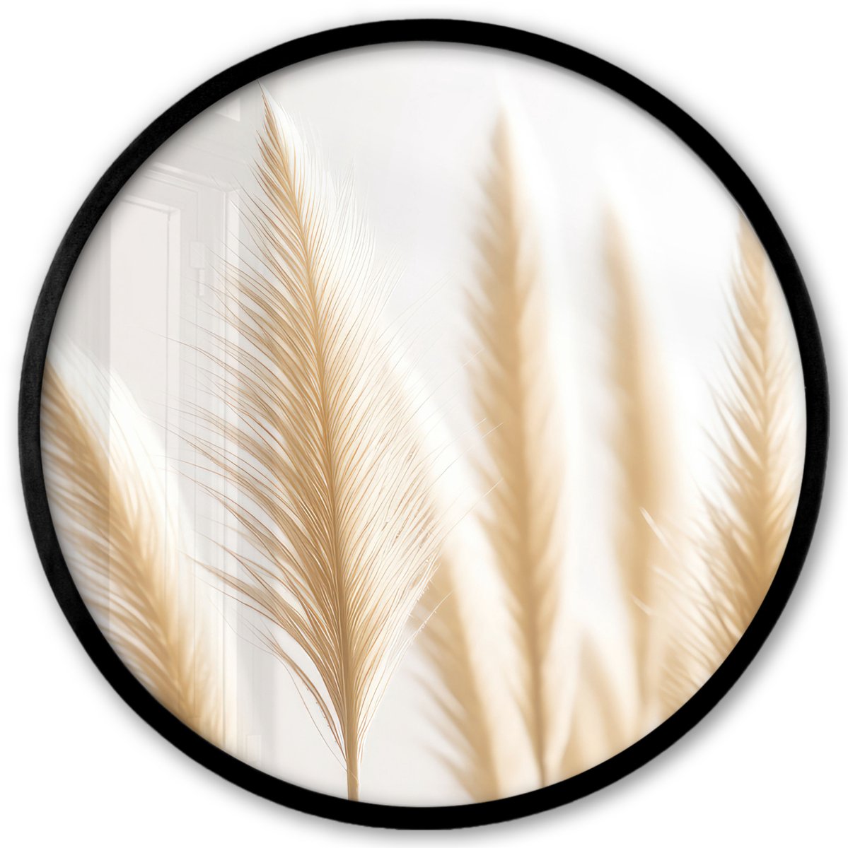 FrameYourWall Poster in lijst Rond - Fotolijst 40x40 cm - Posters - Pampas gras - Pluimen - Beige - Natuur - Ronde posterlijst zwart - Decoratie - Wanddecoratie woonkamer - Muurdecoratie slaapkamer Wit