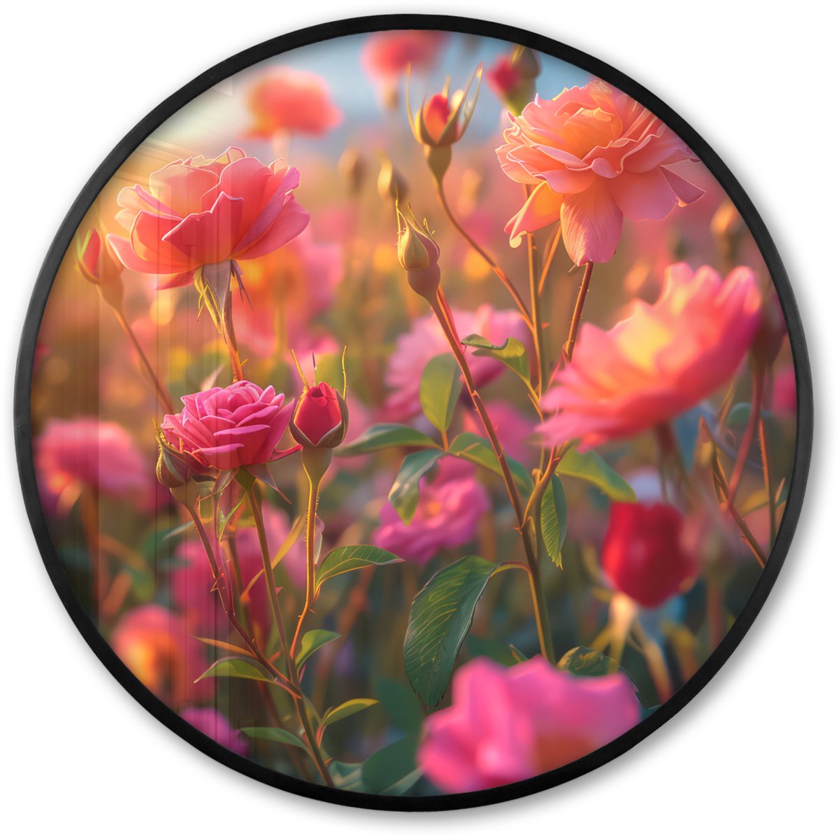 FrameYourWall Poster in lijst Rond - Fotolijst 60x60 cm - Posters - Bloemen - Rozen - Natuur - Roze - Bloem - Ronde posterlijst zwart - Decoratie - Wanddecoratie woonkamer - Muurdecoratie slaapkamer