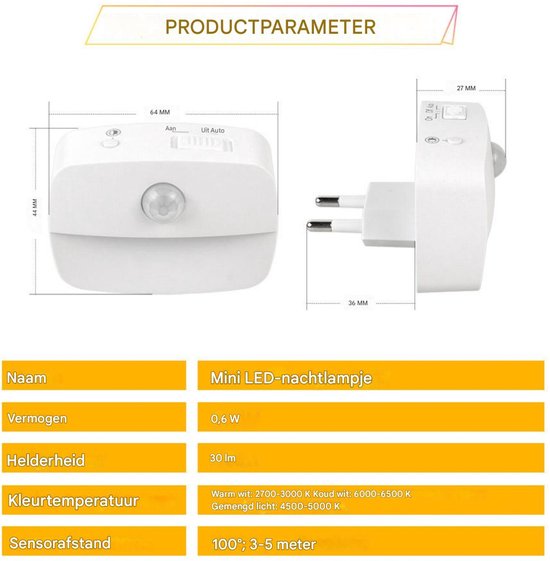 Dussdote Nachtlampje met bewegingssensor - 2-pack - Nachtlampje met instelbare helderheid - Aan/Auto/Uit-stand - Ideaal geschikt voor kinderkamers, slaapkamers, trappen, gangen en keukens - Warm wit van Merkloos — afbeelding 2