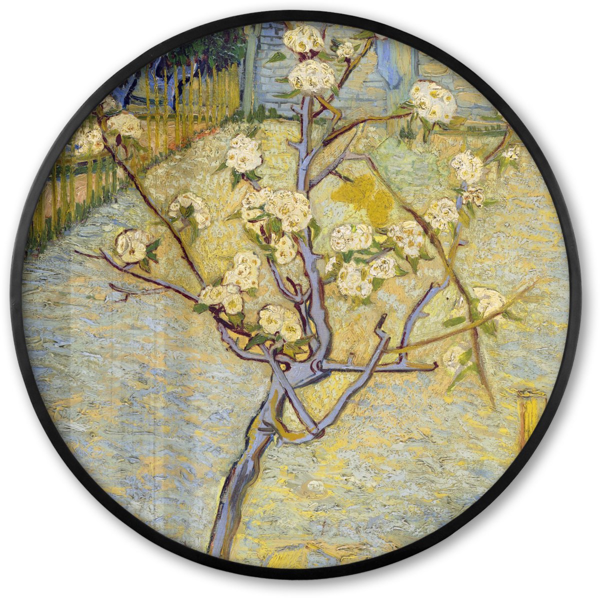 FrameYourWall Poster in lijst Rond - Fotolijst 80x80 cm - Posters - Perenboompje in bloei - Vincent van Gogh - Ronde posterlijst zwart - Decoratie - Wanddecoratie woonkamer - Muurdecoratie slaapkamer Multicolor