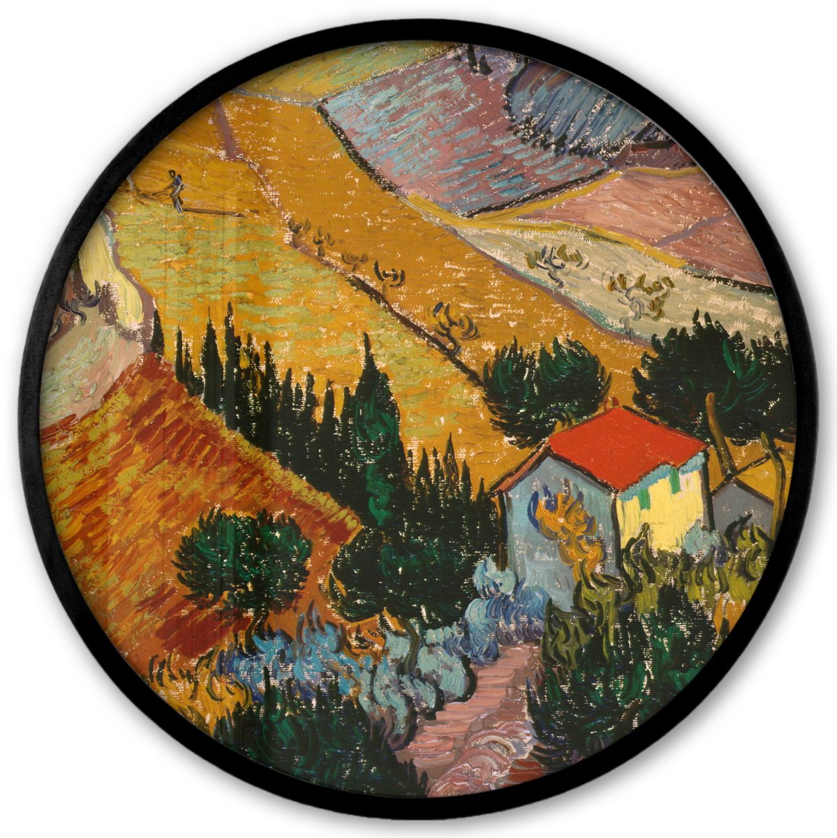 FrameYourWall Poster in lijst Rond - Fotolijst 40x40 cm - Posters - Landschap met een huis en een ploeger - Vincent van Gogh - Ronde posterlijst zwart - Decoratie - Wanddecoratie woonkamer - Muurdecoratie slaapkamer Multicolor