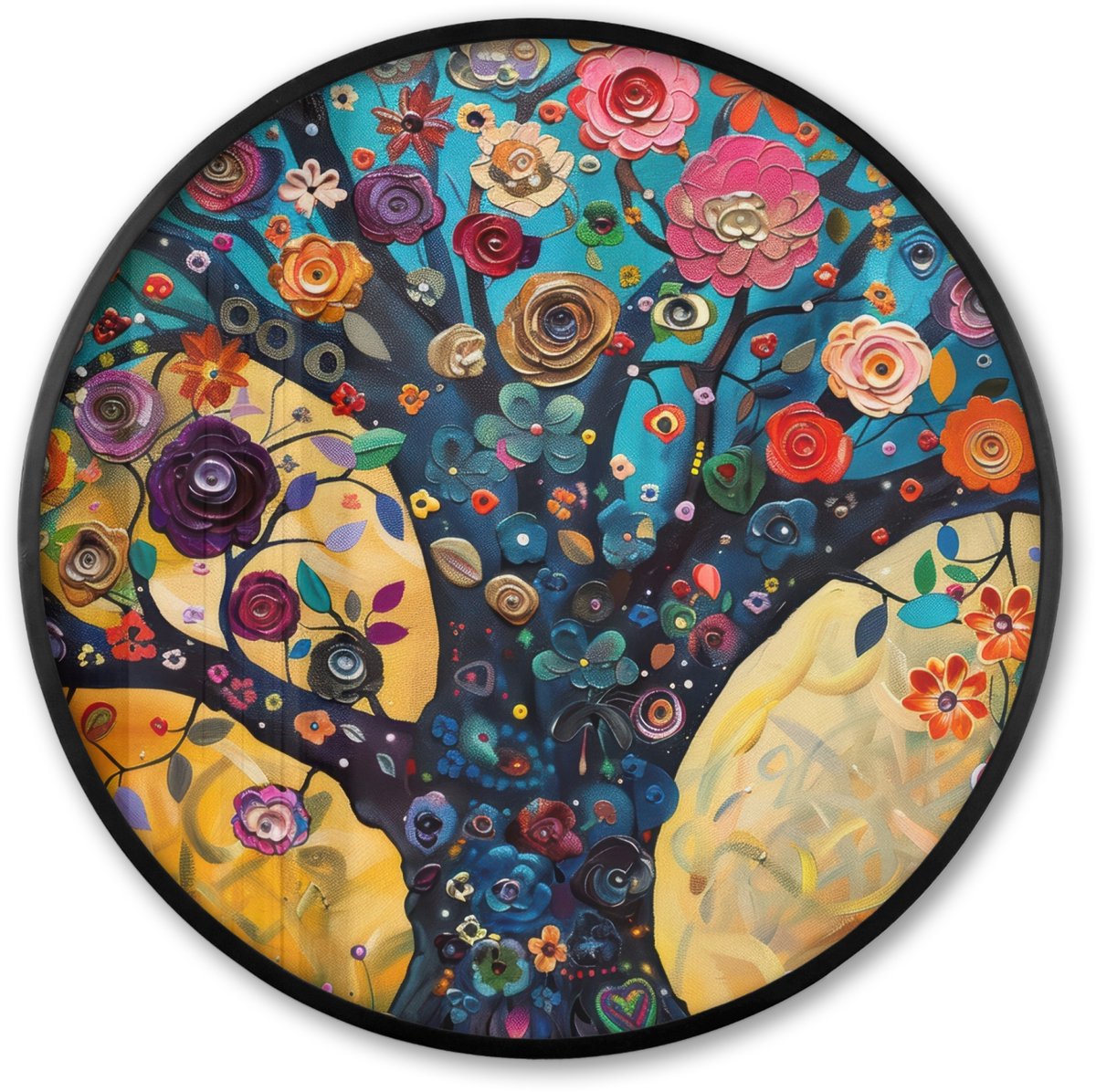 FrameYourWall Poster in lijst Rond - Fotolijst 60x60 cm - Posters - Boom - Levensboom - Kleurrijk - Bloemen - Modern - Ronde posterlijst zwart - Decoratie - Wanddecoratie woonkamer - Muurdecoratie slaapkamer
