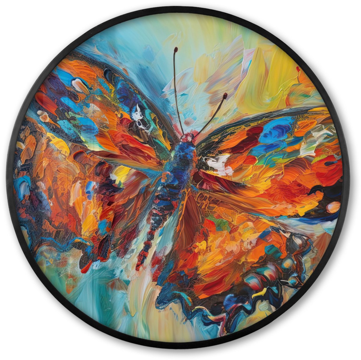 FrameYourWall Poster in lijst Rond - Fotolijst 80x80 cm - Posters - Vlinder - Kleuren - Kunst - Schilderij - Ronde posterlijst zwart - Decoratie - Wanddecoratie woonkamer - Muurdecoratie slaapkamer Vlinder - Verf