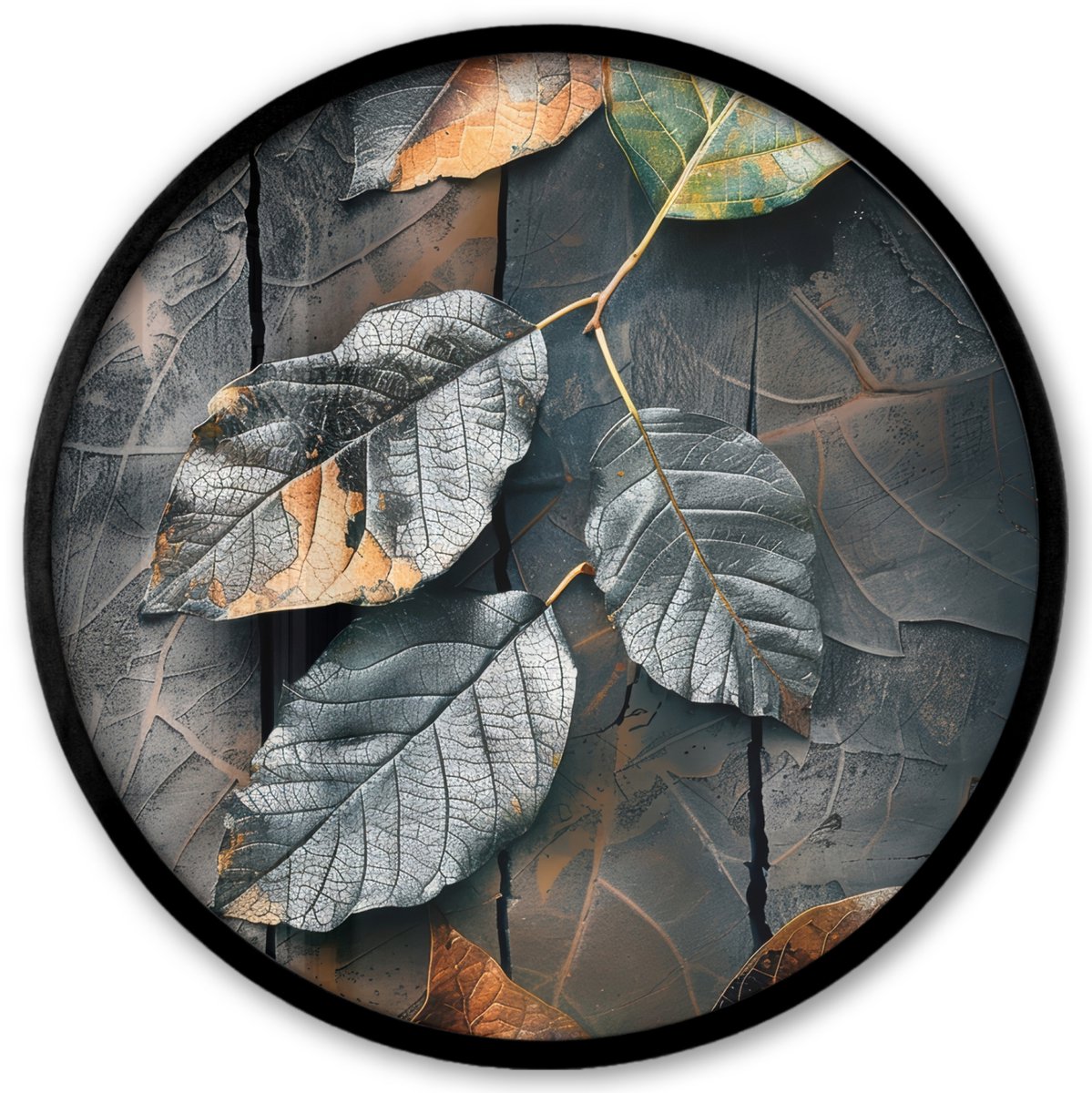 FrameYourWall Poster in lijst Rond - Fotolijst 40x40 cm - Posters - Bladeren - Herfst - Grijs - Natuur - Ronde posterlijst zwart - Decoratie - Wanddecoratie woonkamer - Muurdecoratie slaapkamer