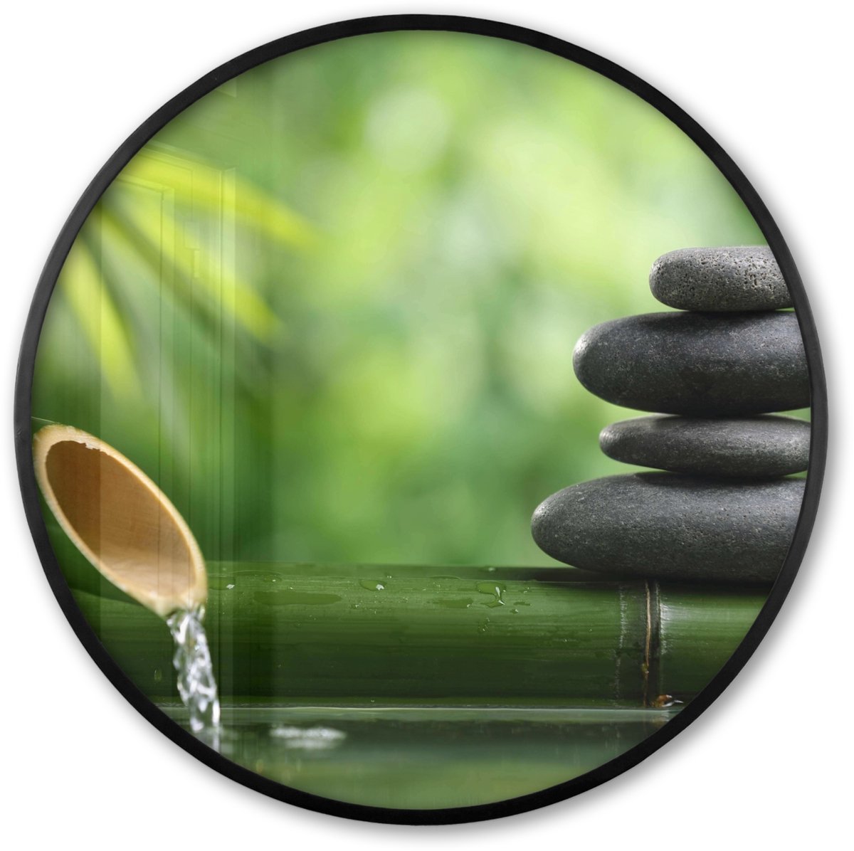 FrameYourWall Poster in lijst Rond - Fotolijst 60x60 cm - Posters - Zen - Stenen - Groen - Natuur - Bamboe - Ronde posterlijst zwart - Decoratie - Wanddecoratie woonkamer - Muurdecoratie slaapkamer