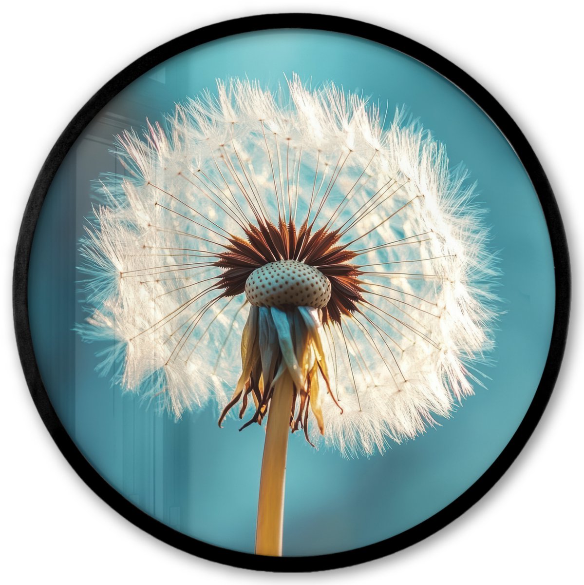 FrameYourWall Poster in lijst Rond - Fotolijst 40x40 cm - Posters - Paardenbloem - Natuur - Bloemen - Blauw - Ronde posterlijst zwart - Decoratie - Wanddecoratie woonkamer - Muurdecoratie slaapkamer