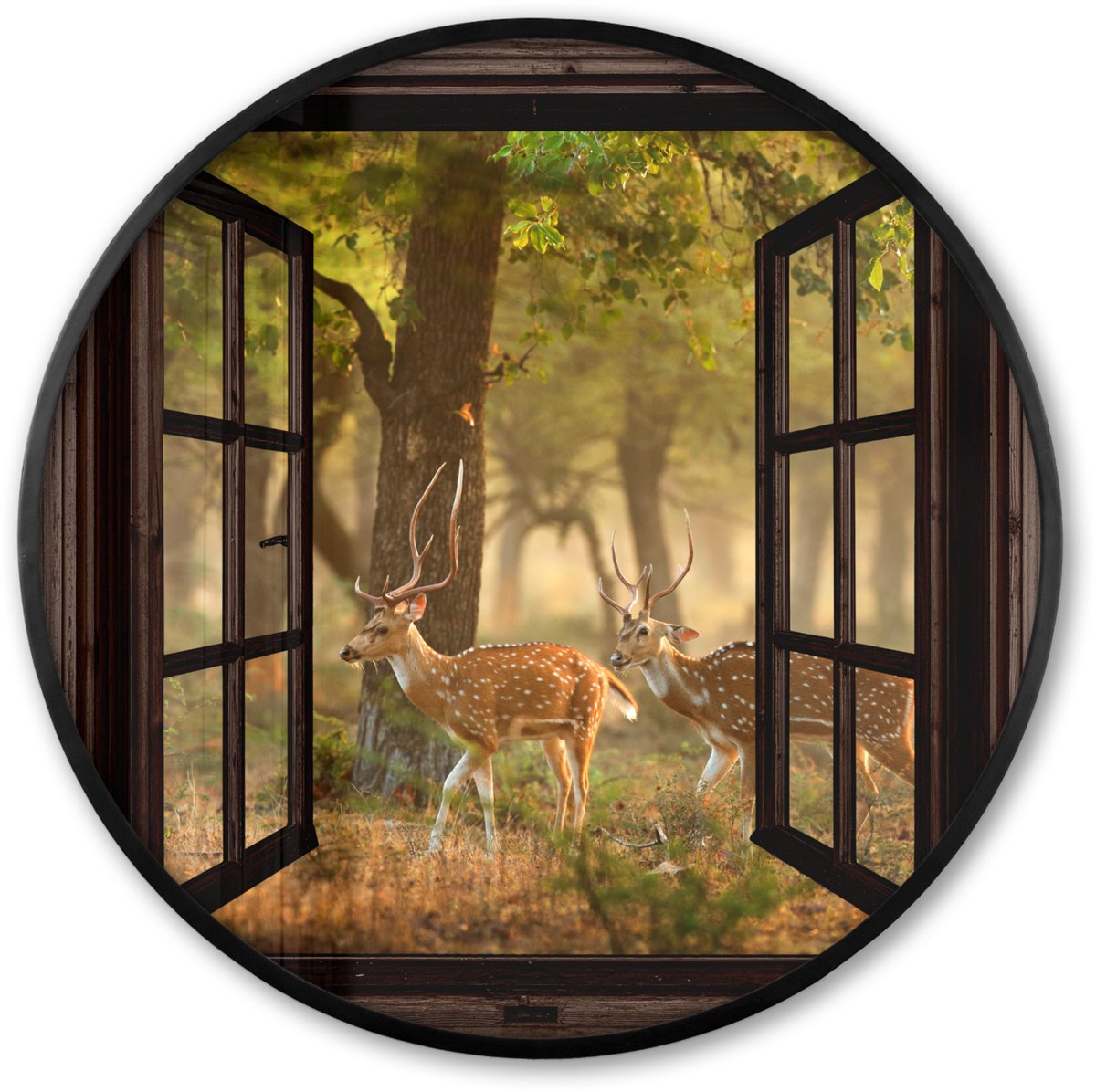 FrameYourWall Poster in lijst Rond - Fotolijst 60x60 cm - Posters - Herten - Bos - Herfst - Bosdieren - Natuur - Hert - Doorkijk - Ronde posterlijst zwart - Decoratie - Wanddecoratie woonkamer - Muurdecoratie slaapkamer Bruin
