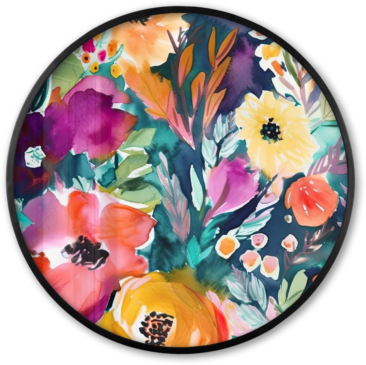 FrameYourWall Poster in lijst Rond - Fotolijst 60x60 cm - Posters - Bloemen - Olieverf - Kunst - Natuur - Ronde posterlijst zwart - Decoratie - Wanddecoratie woonkamer - Muurdecoratie slaapkamer Bloemen - Abstract