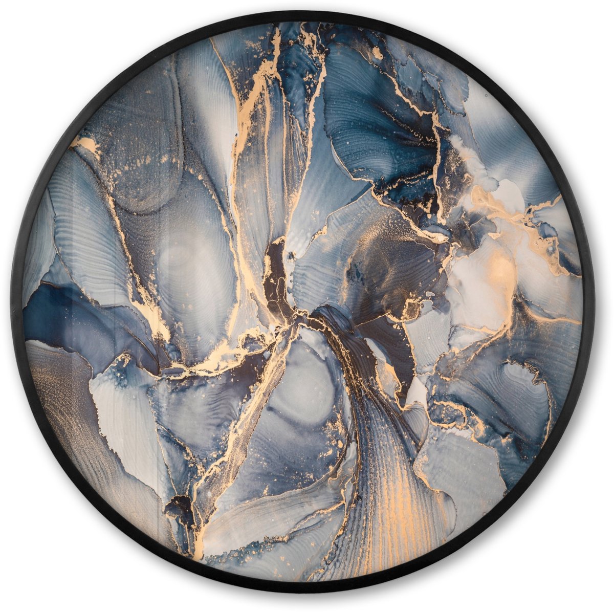 FrameYourWall Poster in lijst Rond - Fotolijst 60x60 cm - Posters - Marmer - Grijs - Blauw - Luxe - Goud - Ronde posterlijst zwart - Decoratie - Wanddecoratie woonkamer - Muurdecoratie slaapkamer Blauw; Grijs; Marmer