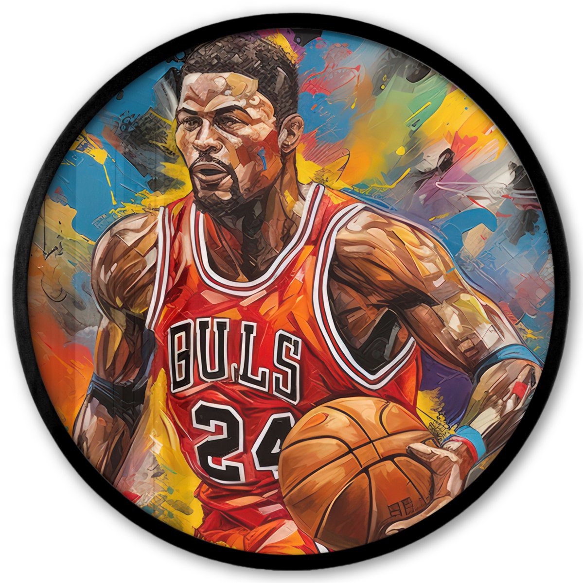 FrameYourWall Poster in lijst Rond - Fotolijst 40x40 cm - Posters - Basketbal - Verf - Kleuren - Rood - Ronde posterlijst zwart - Decoratie - Wanddecoratie woonkamer - Muurdecoratie slaapkamer Basketballer - Kleurrijk