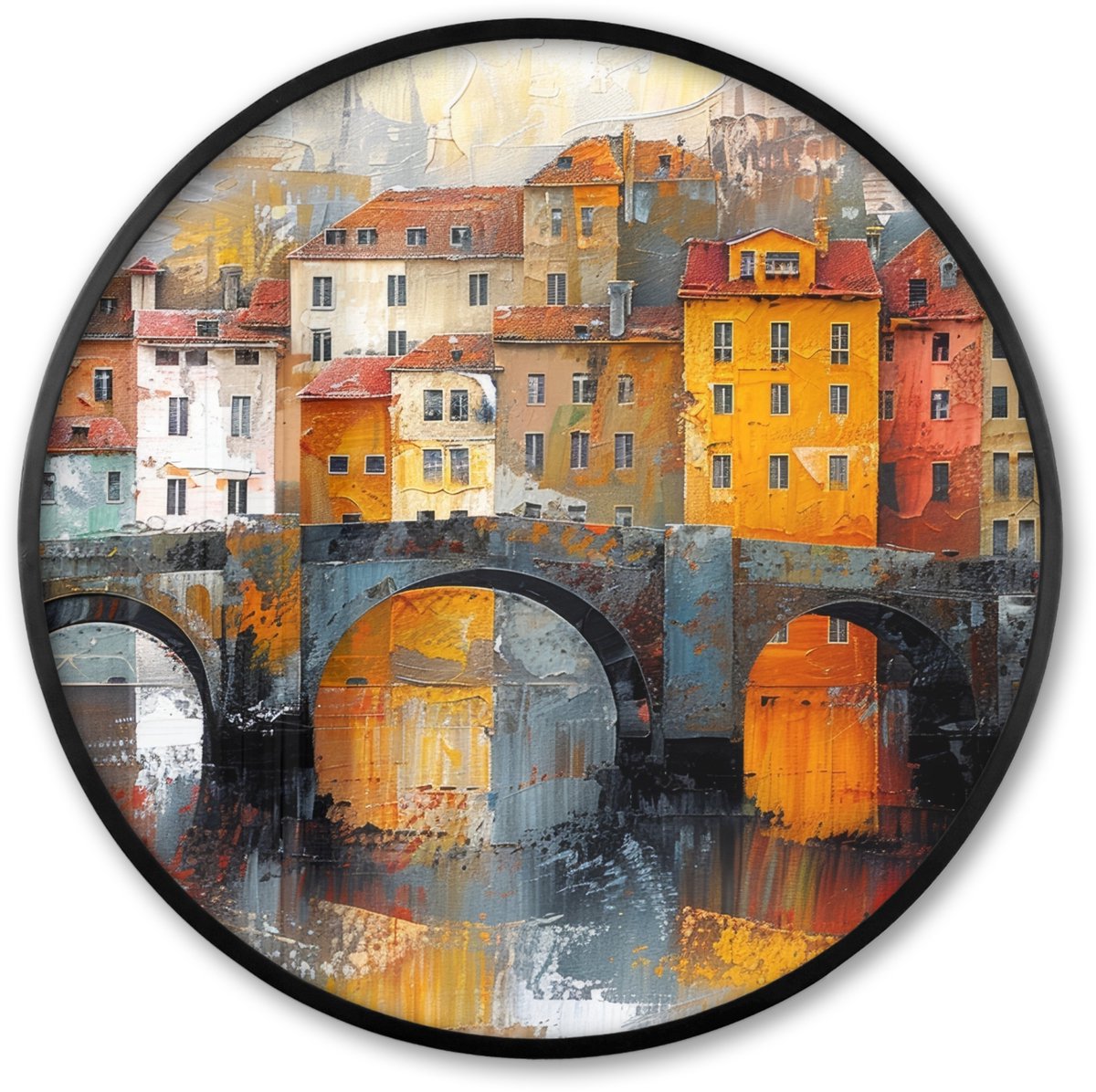 FrameYourWall Poster in lijst Rond - Fotolijst 60x60 cm - Posters - Gracht - Huizen - Kunst - Art - Ronde posterlijst zwart - Decoratie - Wanddecoratie woonkamer - Muurdecoratie slaapkamer Huizen - Abstract