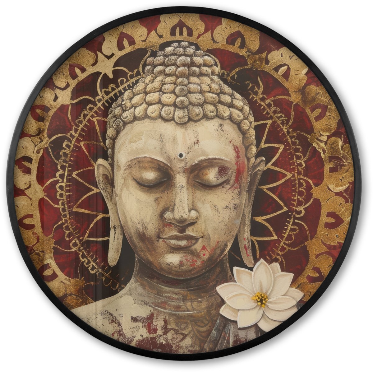 FrameYourWall Poster in lijst Rond - Fotolijst 60x60 cm - Posters - Boeddha - Mandala - Bloem - Rood - Goud - Zen - Ronde posterlijst zwart - Decoratie - Wanddecoratie woonkamer - Muurdecoratie slaapkamer