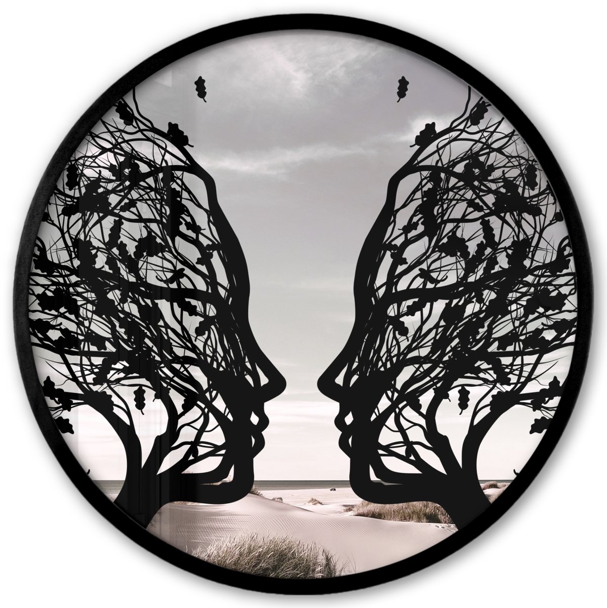FrameYourWall Poster in lijst Rond - Fotolijst 40x40 cm - Posters - Bomen - Gezicht - Bladeren - Moderne kunst - Ronde posterlijst zwart - Decoratie - Wanddecoratie woonkamer - Muurdecoratie slaapkamer Gezichten - Moderne kunst