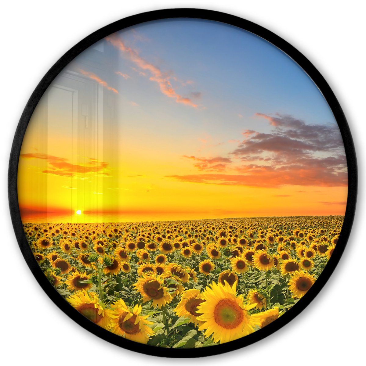 FrameYourWall Poster in lijst Rond - Fotolijst 40x40 cm - Posters - Bloemen - Zonnebloem - Zonsondergang - Nacht - Oranje - Ronde posterlijst zwart - Decoratie - Wanddecoratie woonkamer - Muurdecoratie slaapkamer Bloemen - Zonnebloemen - Veld