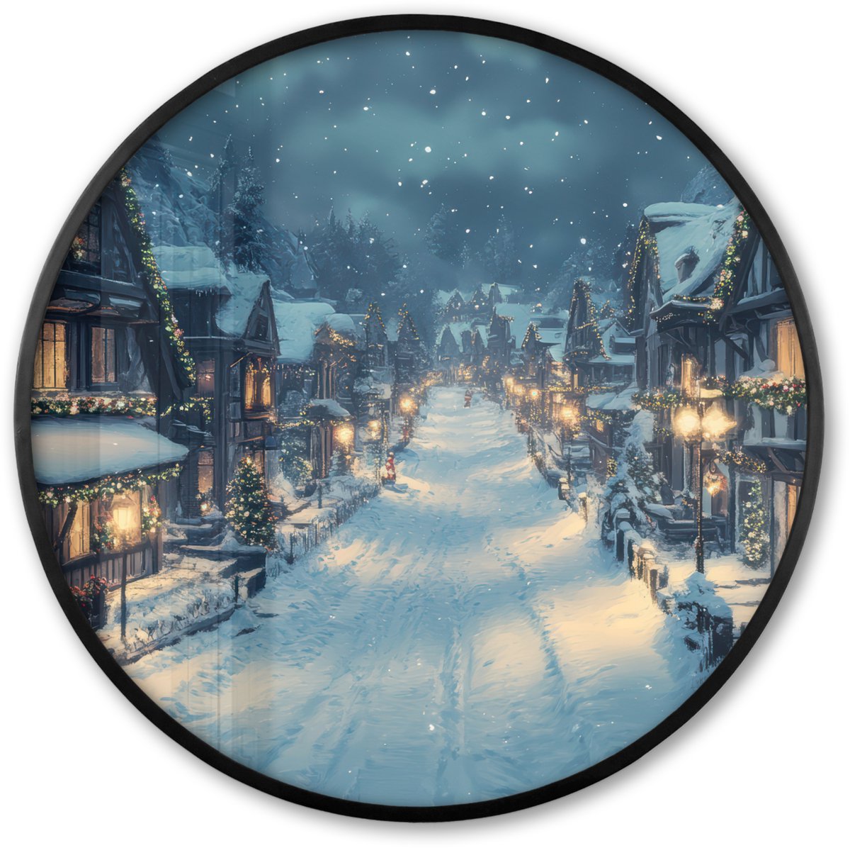 FrameYourWall Poster in lijst Rond - Fotolijst 60x60 cm - Posters - Kerstdorp - Kerst - Sneeuw - Winter - Ronde posterlijst zwart - Decoratie - Wanddecoratie woonkamer - Kerstdecoratie voor binnen - Kerstversiering - Kerstmis versiering in huis - Kerstaccessoires