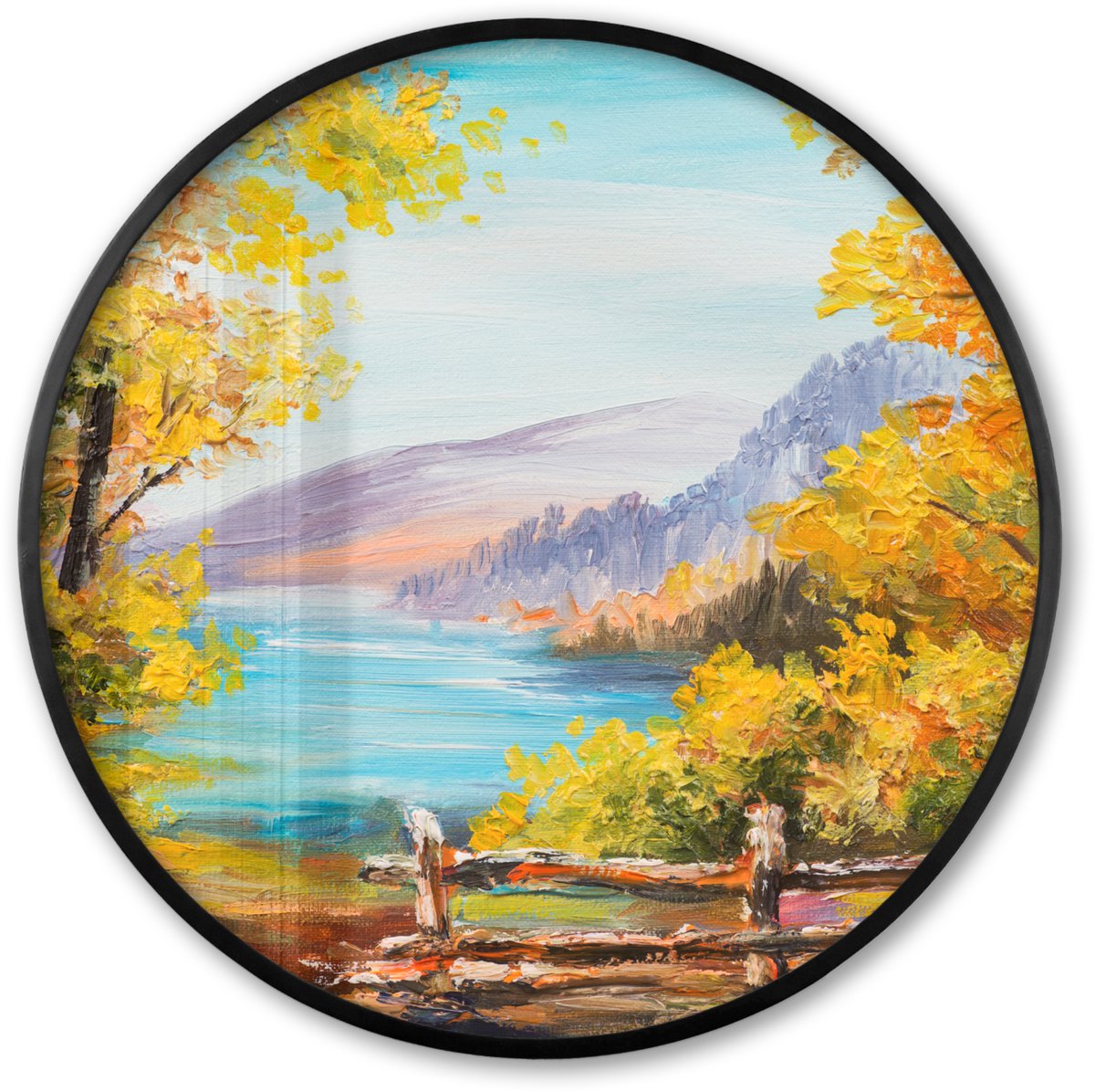 FrameYourWall Poster in lijst Rond - Fotolijst 60x60 cm - Posters - Schilderij - Olieverf - Planten - Natuur - Ronde posterlijst zwart - Decoratie - Wanddecoratie woonkamer - Muurdecoratie slaapkamer Olieverf - Uitzicht