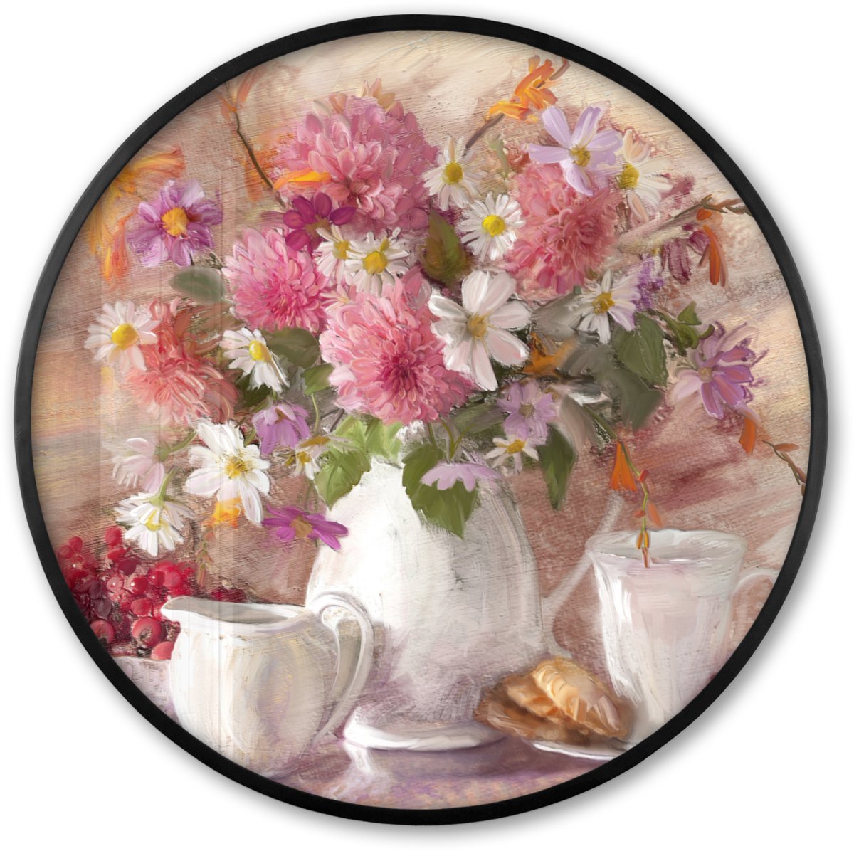 FrameYourWall Poster in lijst Rond - Fotolijst 80x80 cm - Posters - Schilderij - Bloemen - Vaas - Olieverf - Ronde posterlijst zwart - Decoratie - Wanddecoratie woonkamer - Muurdecoratie slaapkamer Multicolor