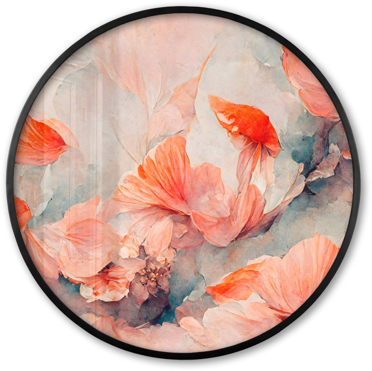 FrameYourWall Poster in lijst Rond - Fotolijst 60x60 cm - Posters - Bloemen - Bladeren - Planten - Roze - Ronde posterlijst zwart - Decoratie - Wanddecoratie woonkamer - Muurdecoratie slaapkamer