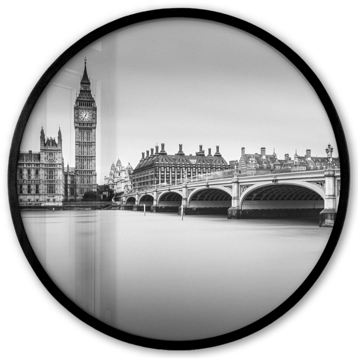 FrameYourWall Poster in lijst Rond - Fotolijst 40x40 cm - Posters - Londen - Big Ben - Water - Skyline - Zwart wit - Ronde posterlijst zwart - Decoratie - Wanddecoratie woonkamer - Muurdecoratie slaapkamer Multicolor
