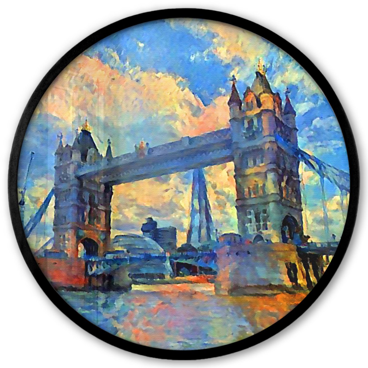 FrameYourWall Poster in lijst Rond - Fotolijst 40x40 cm - Posters - Schilderij - Londen - Brug - Olieverf - Ronde posterlijst zwart - Decoratie - Wanddecoratie woonkamer - Muurdecoratie slaapkamer Multicolor
