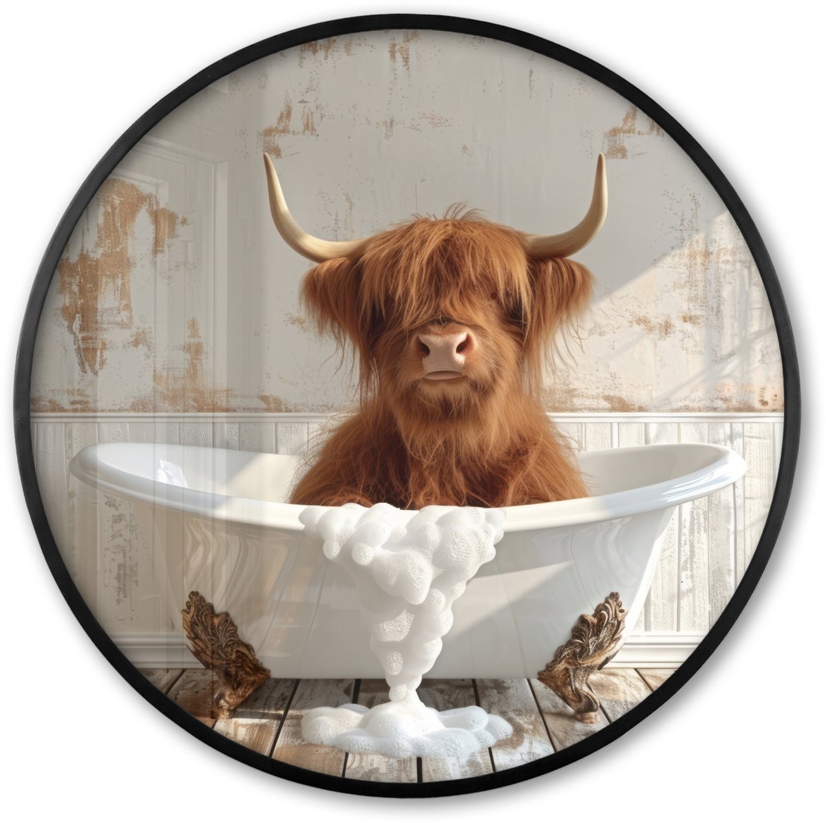 FrameYourWall Poster in lijst Rond - Fotolijst 60x60 cm - Posters - Schotse hooglander - Badkuip - Vintage - Koe - Ronde posterlijst zwart - Decoratie - Wanddecoratie woonkamer - Muurdecoratie slaapkamer