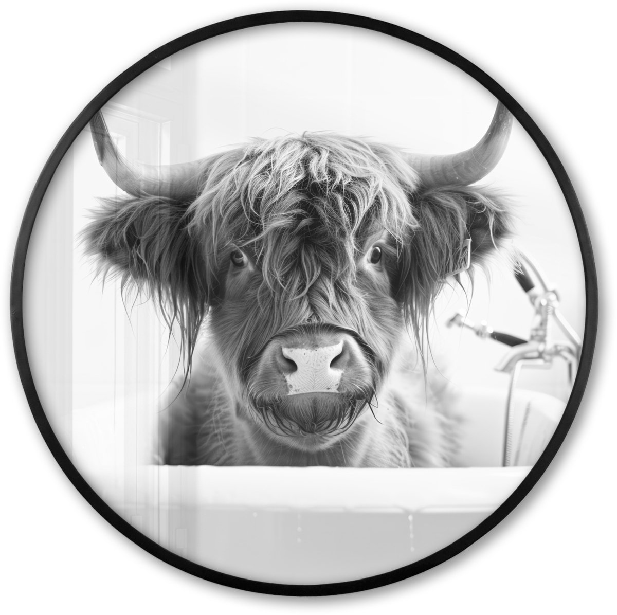 FrameYourWall Poster in lijst Rond - Fotolijst 80x80 cm - Posters - Schotse Hooglander - Koe - Bad - Zwart wit - Ronde posterlijst zwart - Decoratie - Wanddecoratie woonkamer - Muurdecoratie slaapkamer