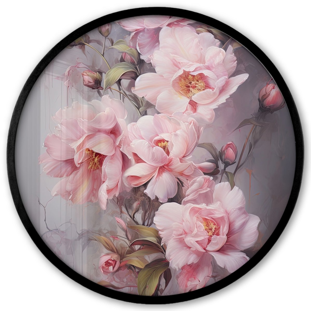 FrameYourWall Poster in lijst Rond - Fotolijst 40x40 cm - Posters - Rozen - Bloemen - Roze - Kunst - Watercolor - Ronde posterlijst zwart - Decoratie - Wanddecoratie woonkamer - Muurdecoratie slaapkamer