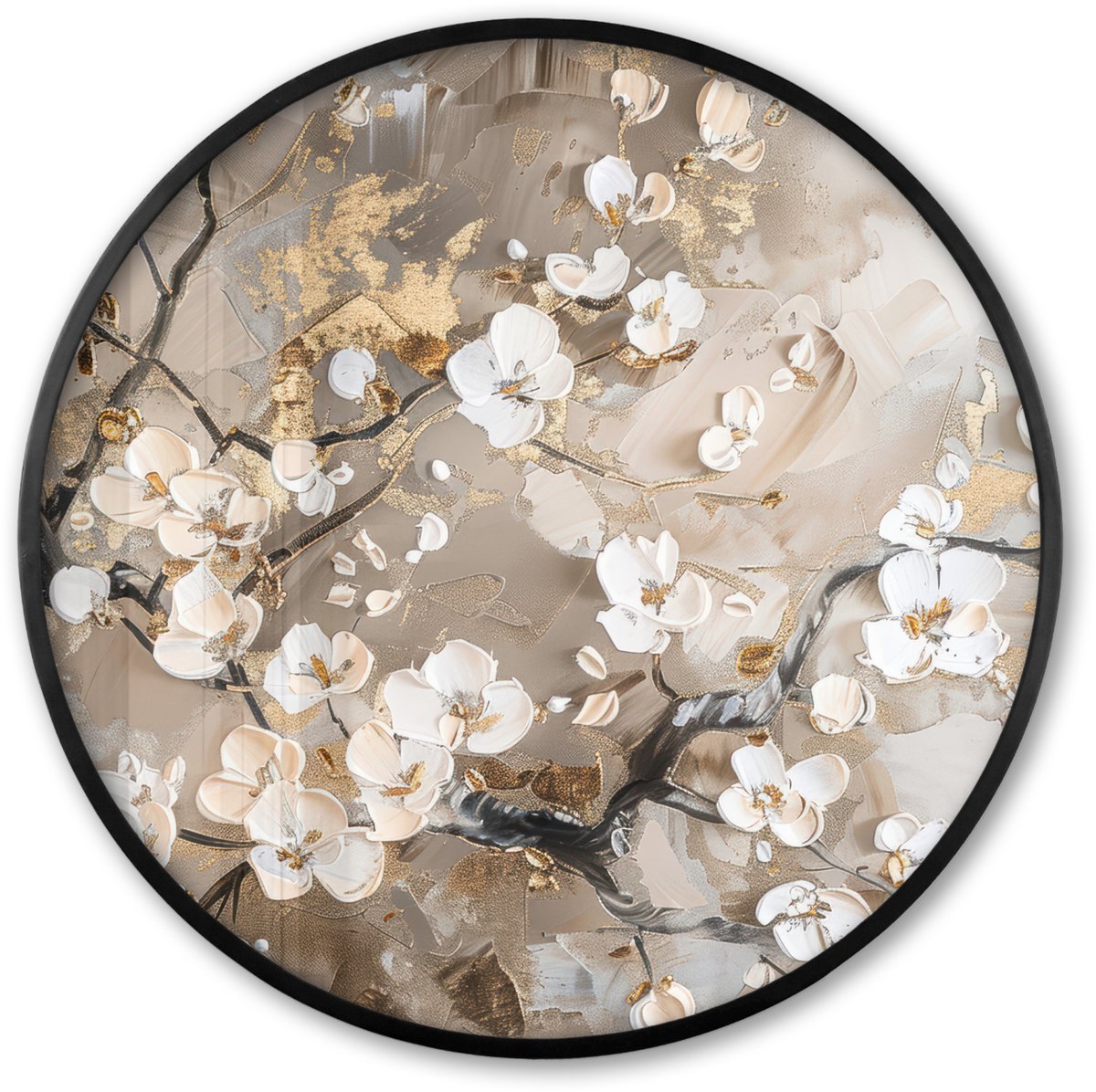FrameYourWall Poster in lijst Rond - Fotolijst 60x60 cm - Posters - Bloemen - Wit - Goud - Beige - Luxe - Ronde posterlijst zwart - Decoratie - Wanddecoratie woonkamer - Muurdecoratie slaapkamer