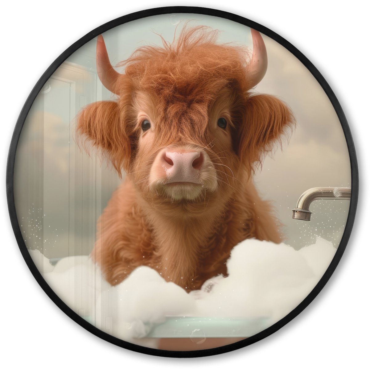 FrameYourWall Poster in lijst Rond - Fotolijst 80x80 cm - Posters - Schotse hooglander - Bad - Schuim - Koe - Ronde posterlijst zwart - Decoratie - Wanddecoratie woonkamer - Muurdecoratie slaapkamer