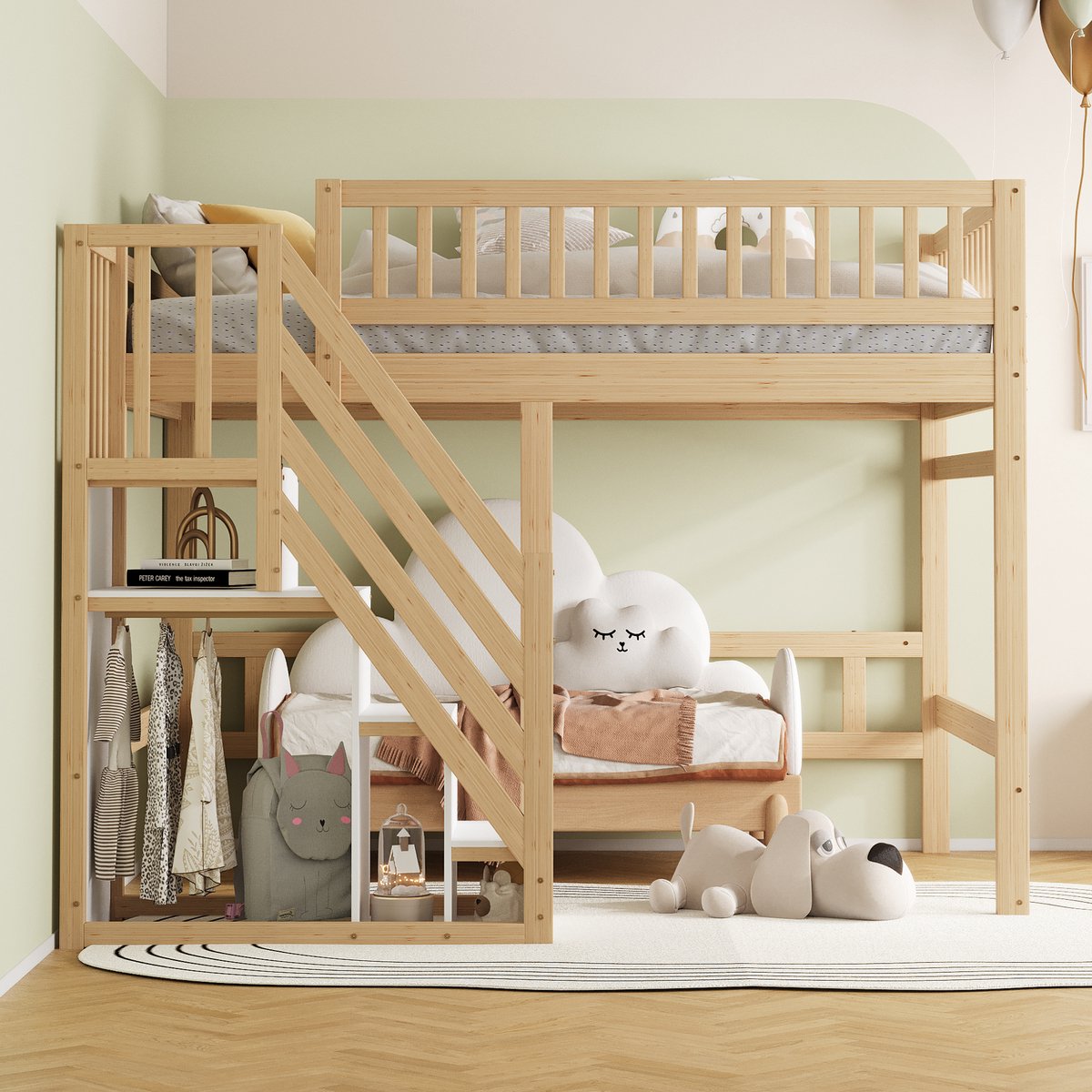 Stapelbed 140x200 cm - met trap met opbergkast - hoge reling - kinderbed - houtkleur - zonder matras