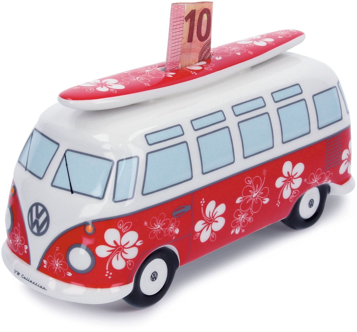 BRISA VW Collection - Volkswagen T1 Bulli Bus spaarpot-varken-blik met surfplank, cadeau-idee/fansouvenir (keramiek/schaal 1:18)