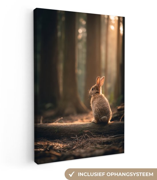 Canvas schilderij 80x120 cm - Exclusieve wanddecoratie Konijn - Bos - Zonnestralen - Muurdecoratie woonkamer - Slaapkamer decoratie - Kamer accessoires - Schilderijen op canvas