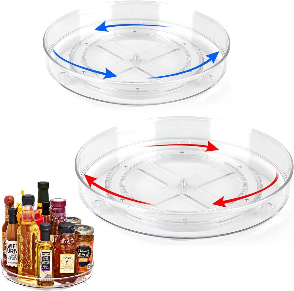 Twee-Pack Roterende Koelkastorganizer (23,5 cm en 27 cm) - 360° Ronde Keukenorganizer - Roterend Kruidenrek - voor Voorraadkast, Kast, Badkamer, Ladekast - Transparant