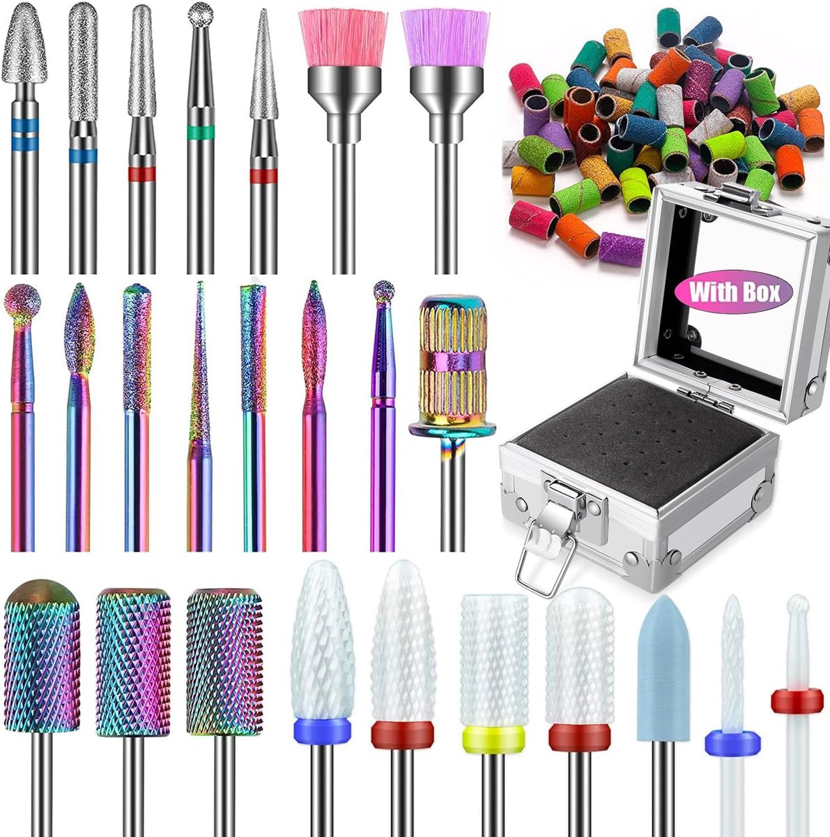 25 stuks nagelboren set met zilveren behuizing & 50 stuks schuurbanden, 3/32 '' boren voor nagels keramische diamant carbide nagelriem Efile Nail Bit Remover Tool voor acryl gel nagellak, thuis