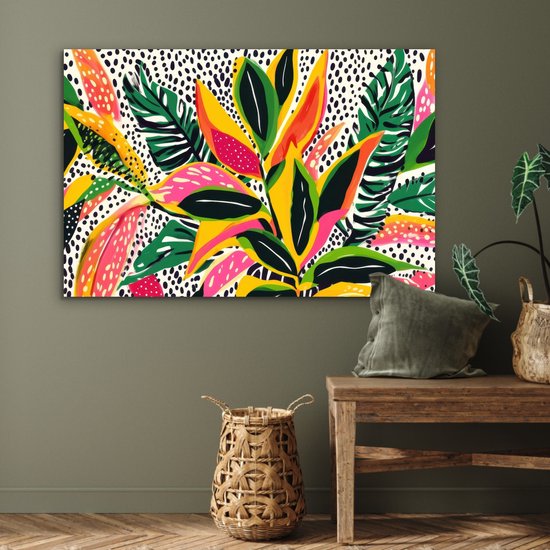 Aluminium schilderij 120x80 cm - Wanddecoratie metaal - Tropisch - Bladeren - Zwart - wit - Metalen muurdecoratie woonkamer - Decoratie industrieel - Foto op dibond - Industriële accessoires slaapkamer