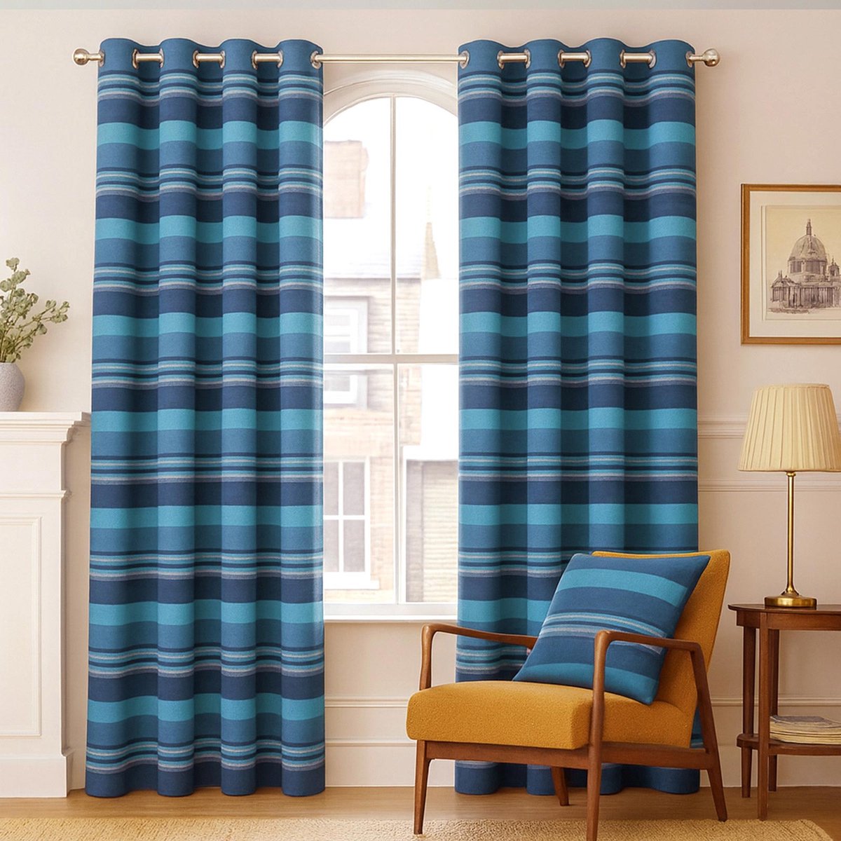 Homescapes gordijnen met oogjes Marokko blauw in een set van 2, 137 x 137 cm