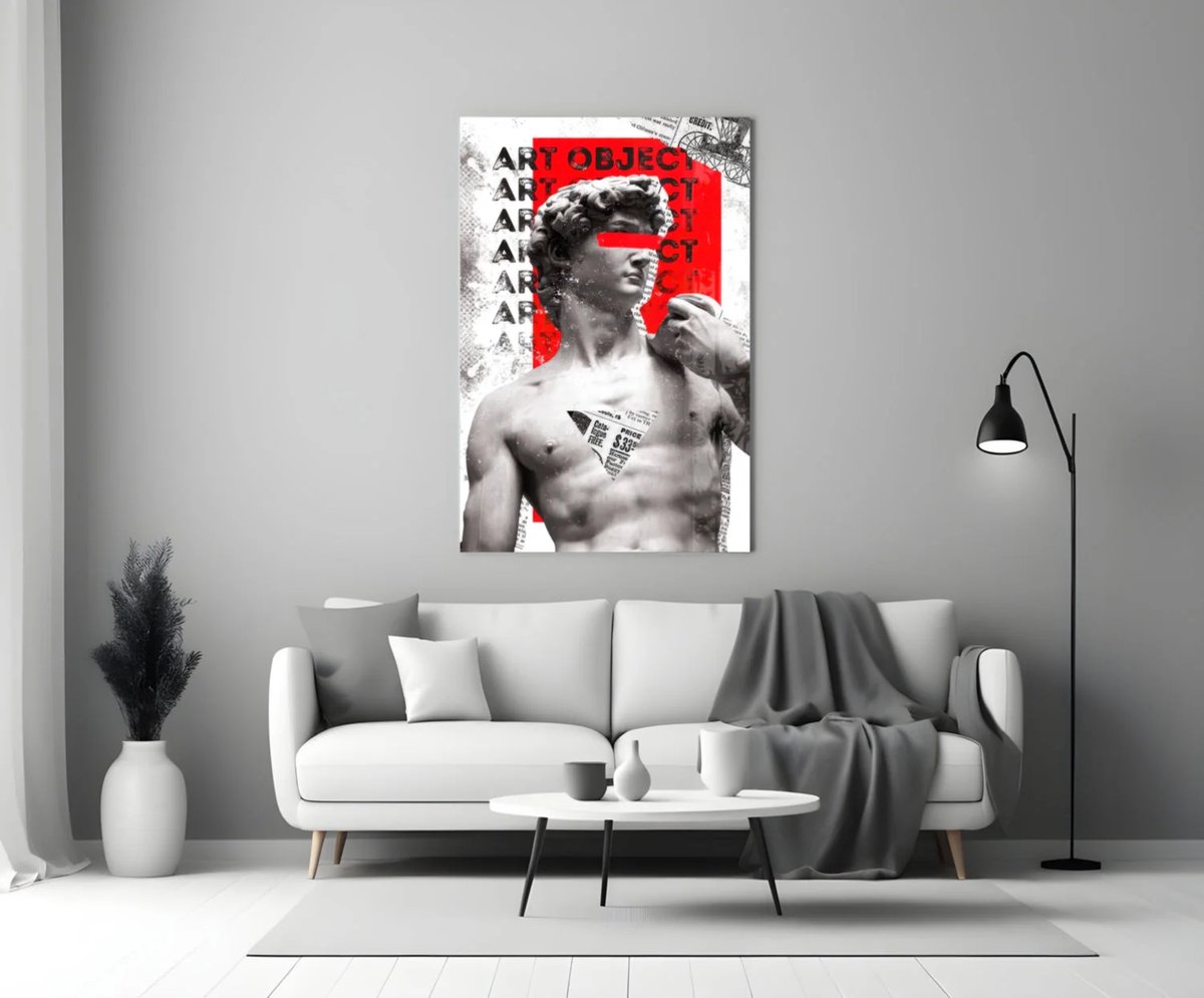 Insigne Art Glasschilderij – David met Rode Veeg – Moderne Street Art – Abstracte Klassieke Kunst - 110x70 cm rood