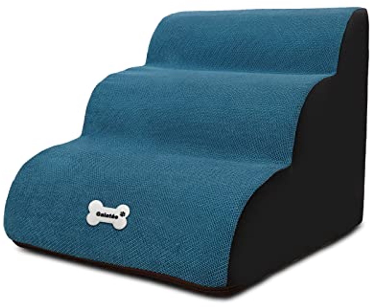 Huisdiertrap met Afneembare Overtrek - Wasbare Trap voor Honden en Katten - 3 Treden van Schuimstof - Antislip en Comfortabel - Blauw