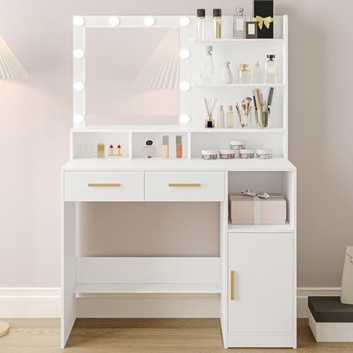 Kaptafel met Spiegel en LED Lampen – Make-Uptafel met 3 Planken, 4 Open Vakken en 2 Lades
