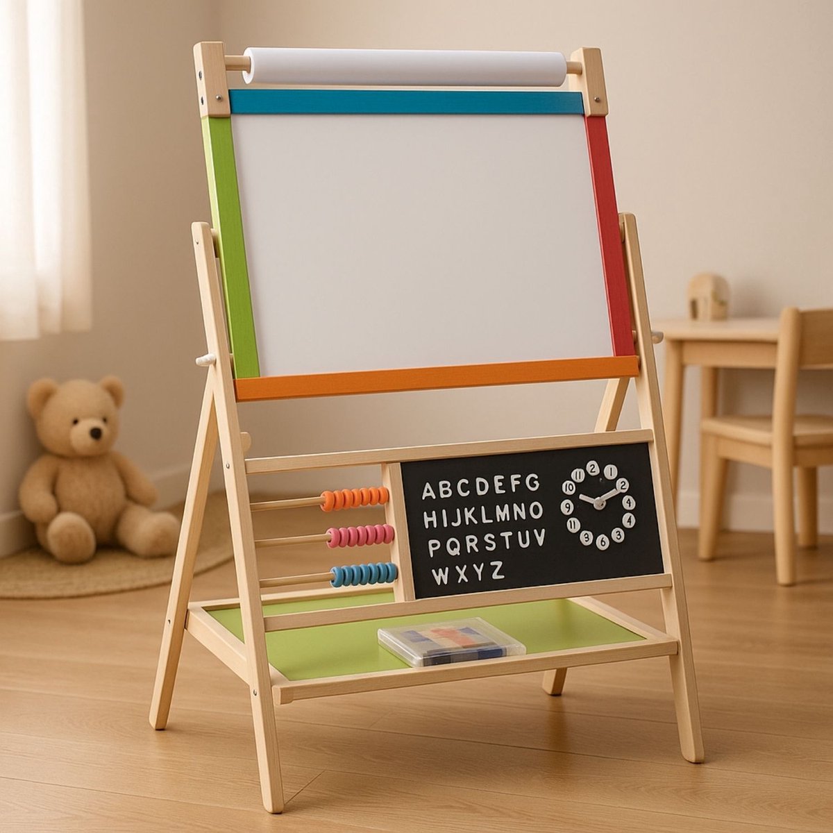 Magnetisch Tekenbord - Dubbelzijdig Schoolbord voor Kinderen - Krijtbord en Whitebord - Magneetbord met Hout - Educatief Peuter Speelgoed - Staand Bord met Telraam en Klok