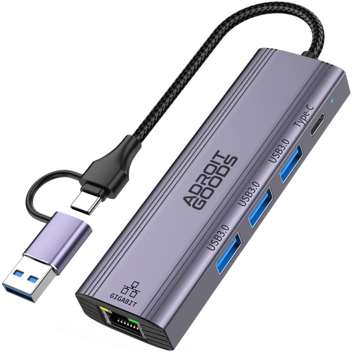 AdroitGoods USB/USB-C hub 5-in-1 – Gigabit RJ45 / 3× USB 3.0 / USB-C - 1000Mbps/5A - Ethernet Hub - Grijs
