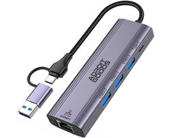 AdroitGoods USB/USB-C hub 5-in-1 – Gigabit RJ45 / 3× USB 3.0 / USB-C – 1000Mbps/5A – Ethernet Hub – Grijs