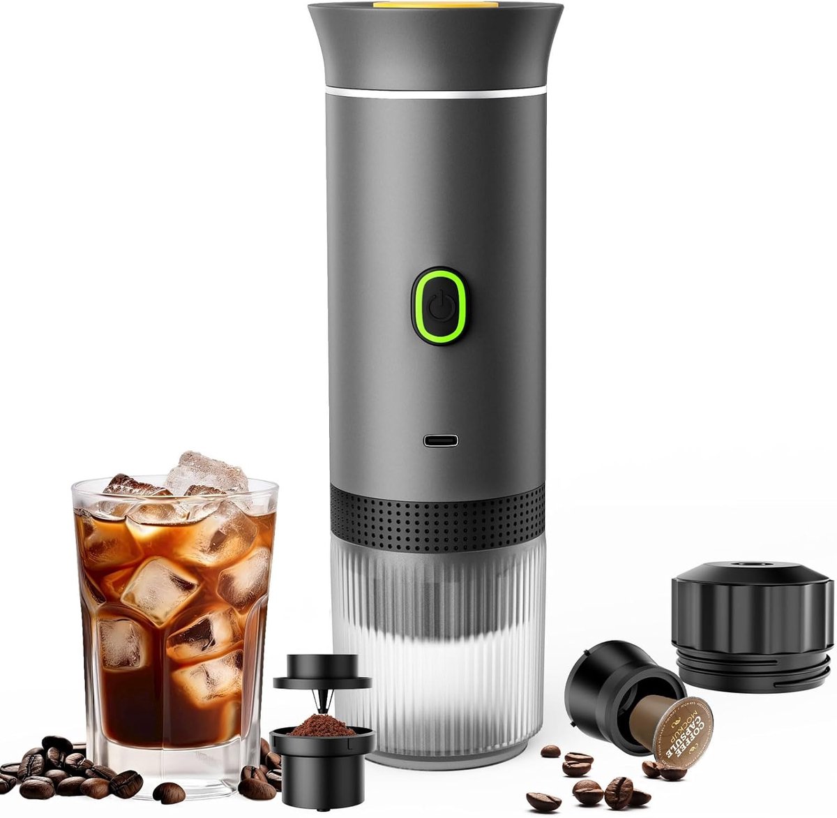 Cuhostki 1 Stuk Draagbaar Koffiezetapparaat - Grijze 3-in-1 Draagbare Koffiemachine Met Capsule Compatibiliteit - 7500mAh Batterij En 20Bar Druk - Type-C Oplaadbaar Reis Espresso Apparaat