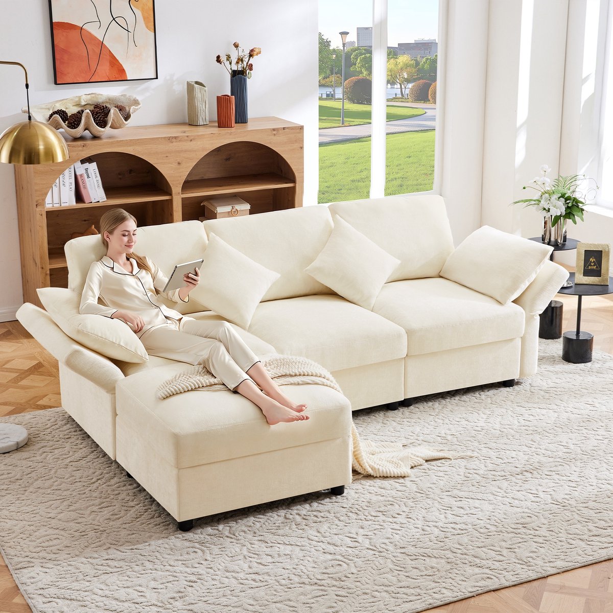 Sweiko Hoekbank - met Voetenbank - 4 kussens - Verstelbare armleuningen - Chenille stof - Beige