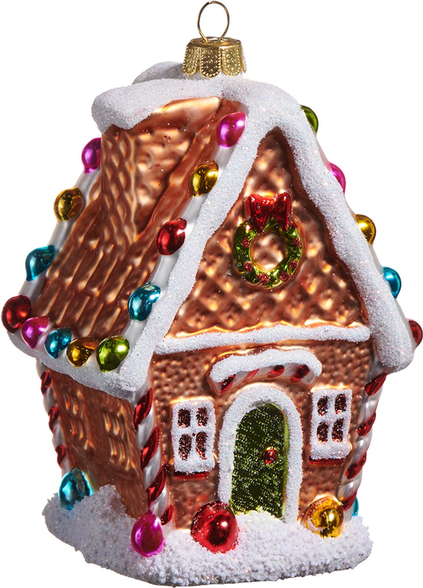 Viv! Christmas Kerstornament - Gingerbread Huis - glas - bruin rood - 12cm