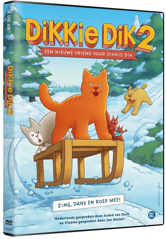Dikkie Dik 2 - Een Nieuwe Vriend Voor Dikkie Dik (DVD). Een oranje kat, een grijze kat, een hondje en twee rode wezentjes op een slee in de sneeuw.