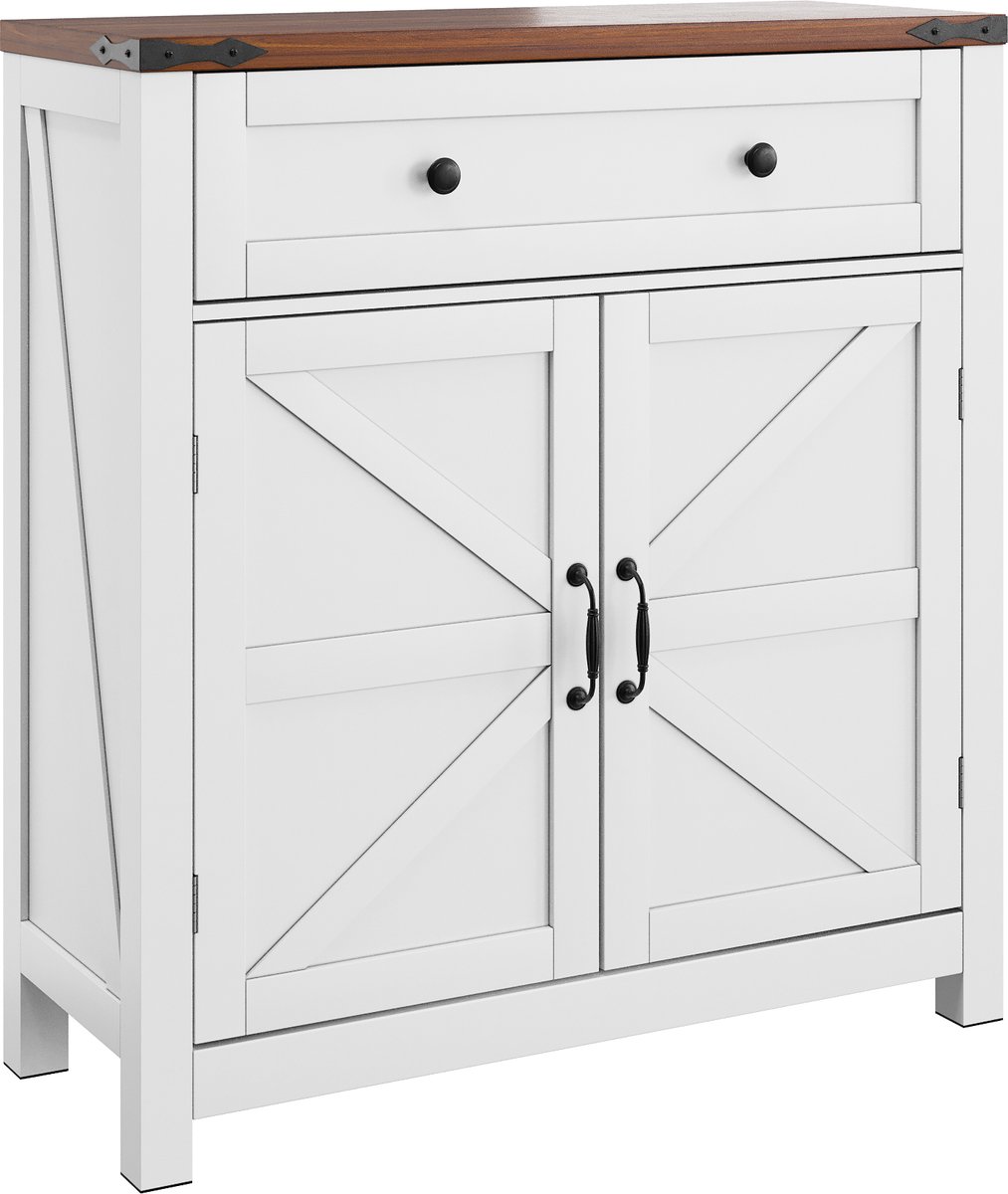 Merax Buffetkast 76 cm - Wit met Walnoot Bruin Blad - Kast met Lade en Verstelbare Planken - Opbergkast - 76x30x83 cm