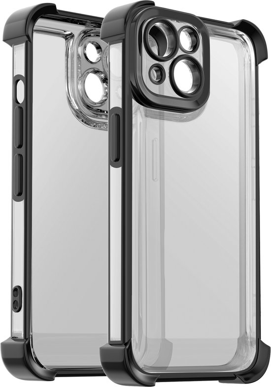 Twee doorzichtige telefoonhoesjes met zwarte versterkte hoeken en camerabescherming, voor iPhone.