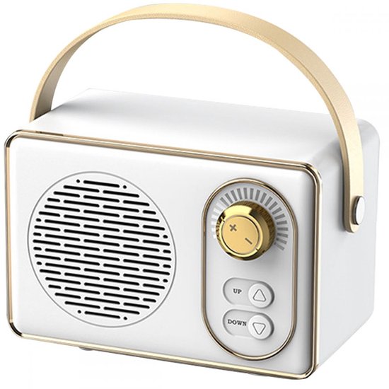 Retro Bluetooth speaker wit draadloos draagbaar stereo 10m bereik helder geluid 6u batterij compact lichtgewicht