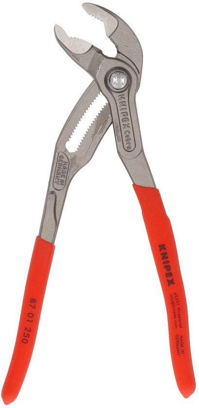 Knipex Cobra waterpomptang met gepolijste bekken en rode handvatten.